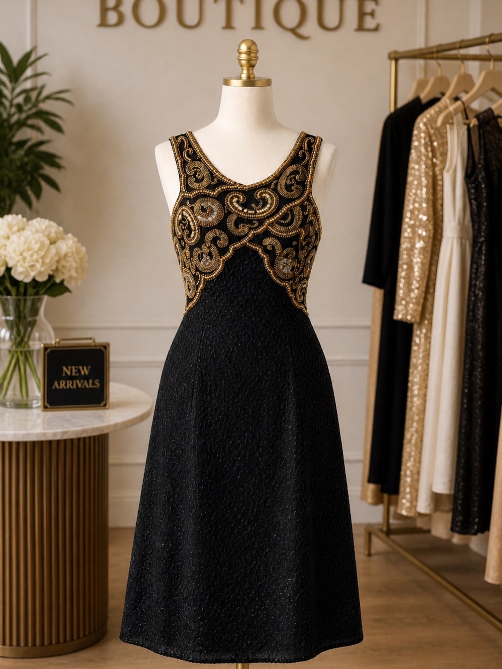 Laurence Kazar Black & Gold Beaded Midi Dress